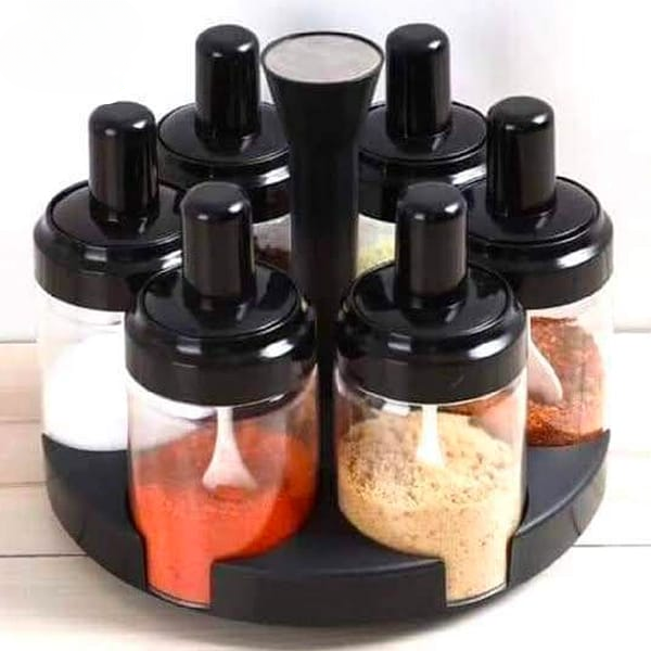 6 In 1 Spice Condiments Bottles & Spoons Container With Rotating Rack Kitchen Organization With Set Of 6